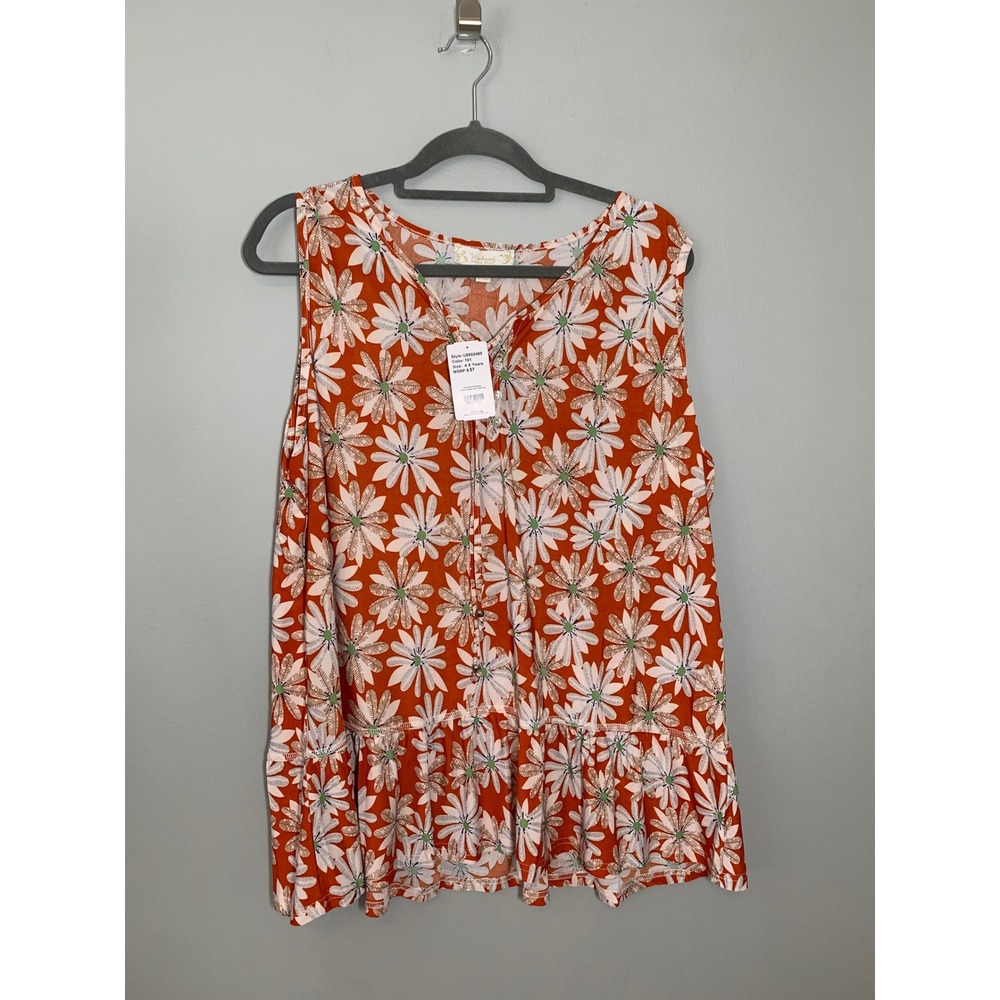 NEW‎ Suzanne Betro Tank Top Women 4X Orange Daisy Floral Henley Ruffle Hem